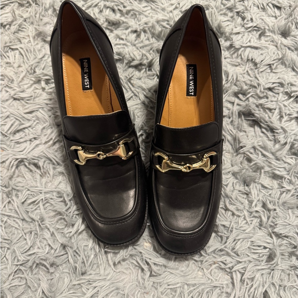 Nine West Black Leather Loafers with Gold Horsebit Detail
